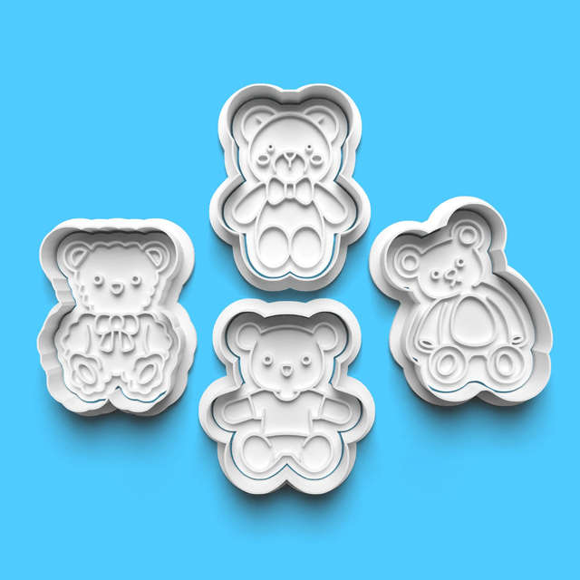 Cute teddy bear Cutter Embosser Set of 4 Cookie Cutters & Stamps Biscuit Mould Debossed