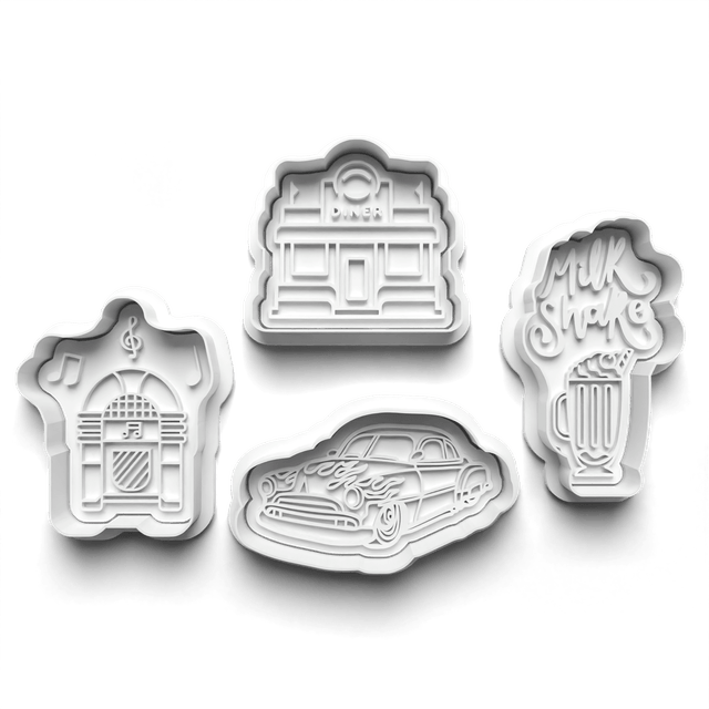 50's Style Cutter Embosser Set of 4 Cookie Cutters & Stamps Biscuit Mould Debossed (1)