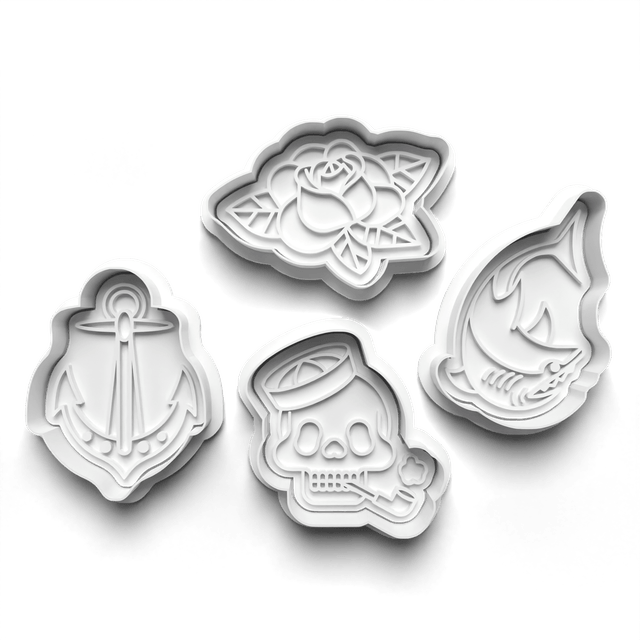 Tattoo Cookie Cutter Embosser Set of 4 Cutters & Stamps Biscuit Mould Debossed Sugar Biscuits