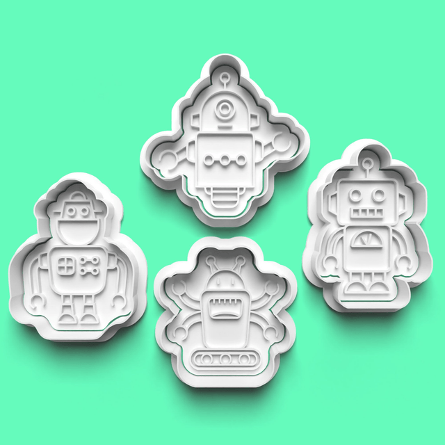 Robots Cookie Cutter Embosser Set of 4 Cutters & Stamps Biscuit Mould Debossed Sugar Biscuits
