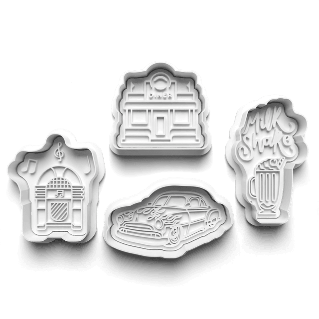 50&#039;s Style Cutter Embosser Set of 4 Cookie Cutters &amp; Stamps Biscuit Mould Debossed (1)