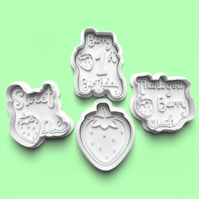 Berry 1st Birthday Cutter Embosser Set of 4 Cookie Cutters &amp; Stamps Biscuit Mould Debossed